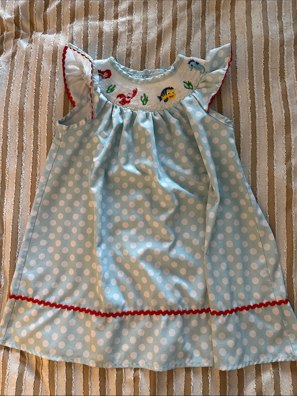 Light Blue Polka Dot Smocked Kids Dress with Embroidery